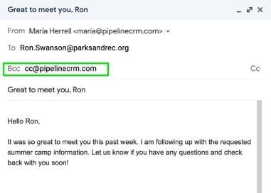 Screenshot of an email with BCC to Pipeline CRM, demonstrating automatic email logging for streamlined communication tracking in construction sales.