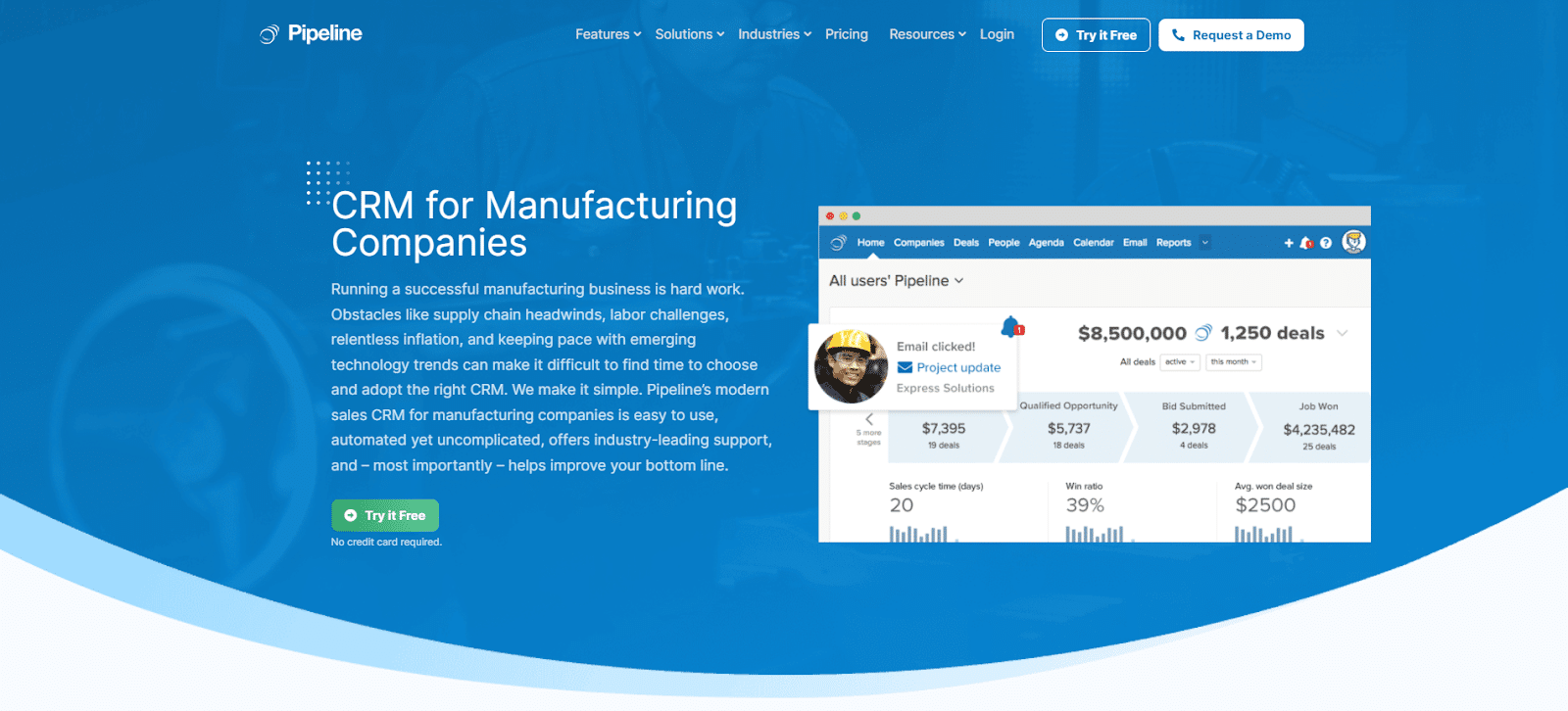 1. Pipeline CRM- Best Manufacturing CRM for Sales-focused Contractors