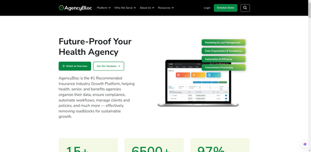 Homepage of AgencyBloc showing features like marketing, automation, compliance, and lead management for insurance agencies