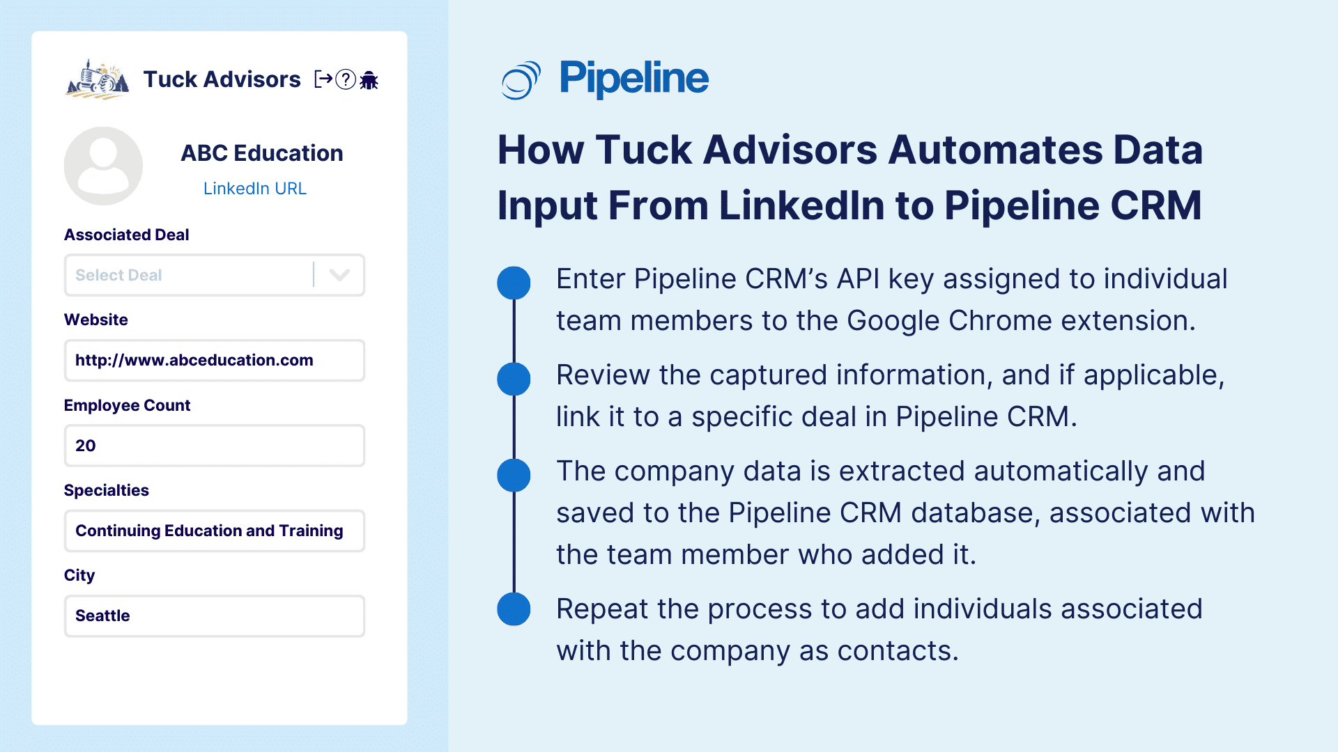Overview of Tuck Advisors' process for automating data entry from LinkedIn to Pipeline CRM, featuring details on company ABC Education and the steps for linking data to specific deals.