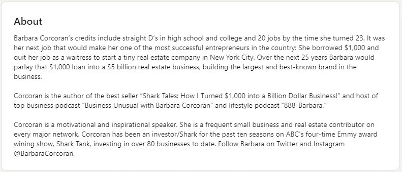 Barbara Corcoran LinkedIn about
