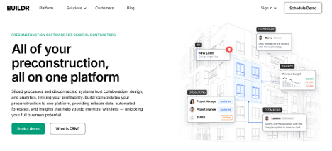 Buildr software homepage displaying preconstruction management tools for general contractors.