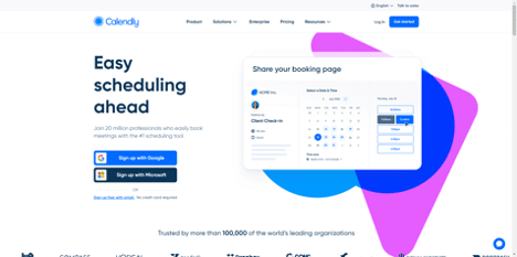 Calendly homepage highlighting its scheduling tool, ideal for logistics companies to streamline meetings and improve outreach efficiency.