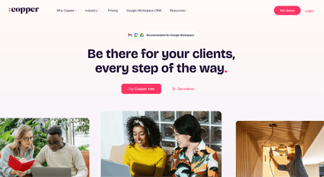 Screenshot of Copper CRM's homepage showcasing features designed for businesses.