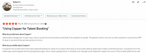 User review of Copper CRM highlighting its ease of use but also mentioning report generation and mobile integration challenges.