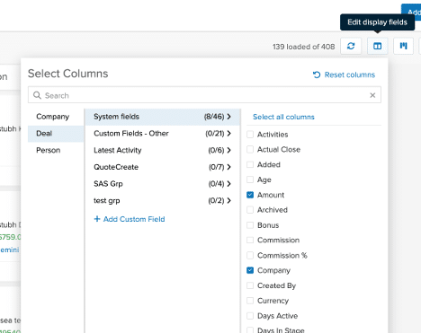 Screenshot of Pipeline CRM showing options to select and customize display columns, including company, deal, and activity fields.