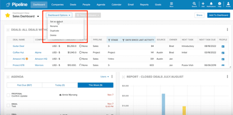 Screenshot of Pipeline CRM displaying dashboard options such as setting default, renaming, duplicating, or deleting the current dashboard.