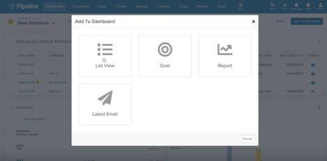 Screenshot showing widget options in Pipeline CRM, including List View, Goal, Report, and Latest Email for dashboard customization.