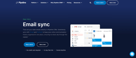 Screenshot of Pipeline CRM’s email sync tool, displaying Gmail and Outlook integrations for seamless communication tracking.