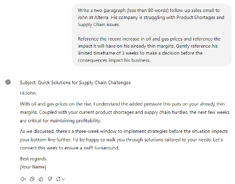 A sales follow-up email template addressing supply chain challenges and rising costs in the oil and gas industry.