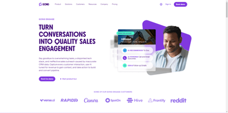 Gong Engage homepage promoting its tools to turn conversations into quality sales engagement for logistics companies.