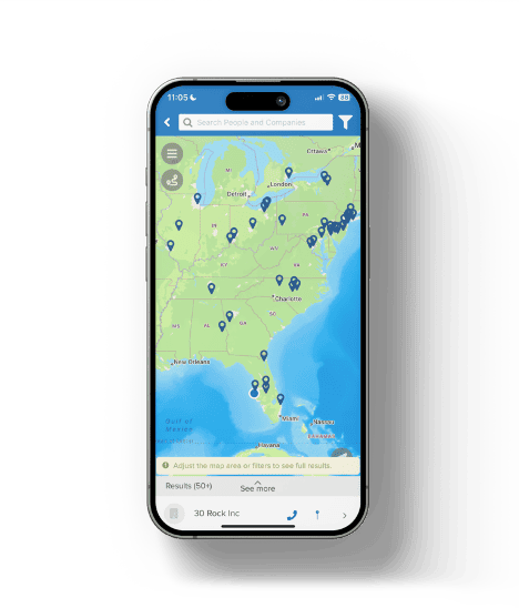 Image of a smartphone displaying GPS mapping and client location tracking within Pipeline CRM’s mobile app.