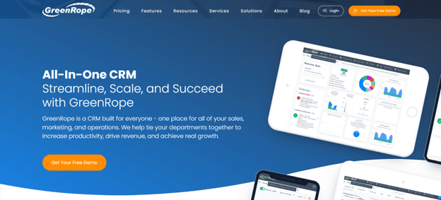 GreenRope CRM homepage promoting its unified platform for sales, marketing, and operations with tablet-based UI visuals.