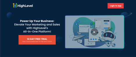 HighLevel CRM homepage promoting its all-in-one platform for marketing and sales, with a 14-day free trial offer.