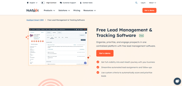 Screenshot of HubSpot's lead tracking dashboard showcasing contact engagement and lead stage management.