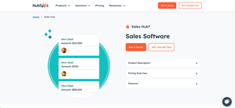 HubSpot Sales Hub homepage showcasing its sales software features, including deal tracking, product descriptions, and pricing options.