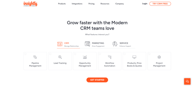 Insightly CRM homepage displaying categories like CRM, marketing, and service tools with a minimalist design.