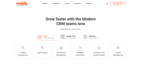 Screenshot of Insightly CRM, featuring pipeline management, lead tracking, and workflow automation for construction businesses.