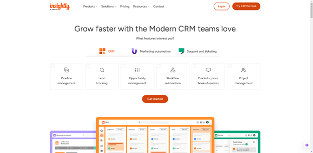 Insightly CRM dashboard showing lead tracking, project management, marketing automation, and support ticketing features