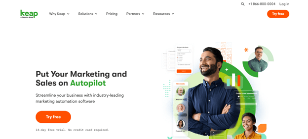 Keap CRM homepage emphasizing sales and marketing automation with a clean, modern layout and a “Try Free” button.
