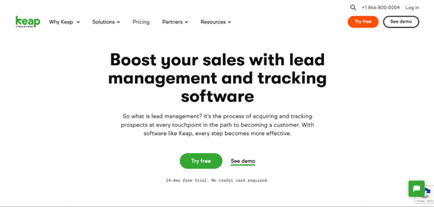 Keap’s website highlighting its lead management and tracking software with a focus on sales automation.