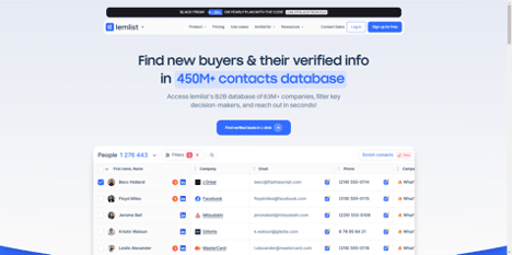 Lemlist homepage highlighting its sales outreach capabilities with access to a 450M+ contacts database for logistics companies.