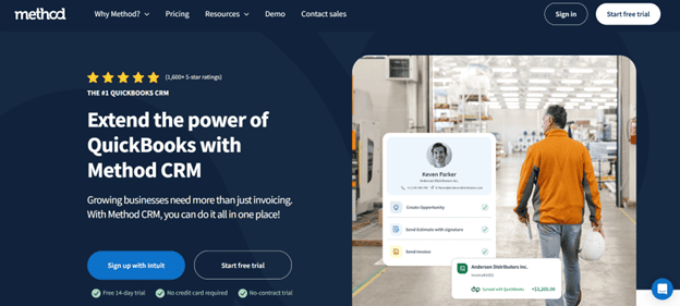Homepage of Method CRM showcasing QuickBooks integration benefits and an overview of customer management features.