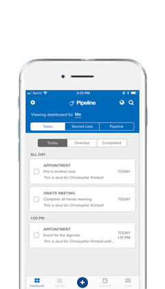 A mobile view of the Pipeline CRM dashboard displaying scheduled tasks, meetings, and follow-ups for construction bid management.