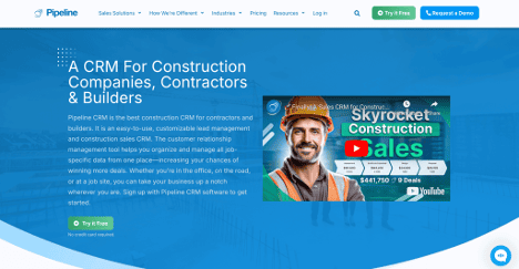Pipeline CRM homepage highlighting features for contractors, builders, and construction companies.