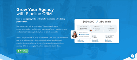 Pipeline CRM dashboard showcasing features for marketing agencies, including deal tracking, revenue insights, and streamlined client management.