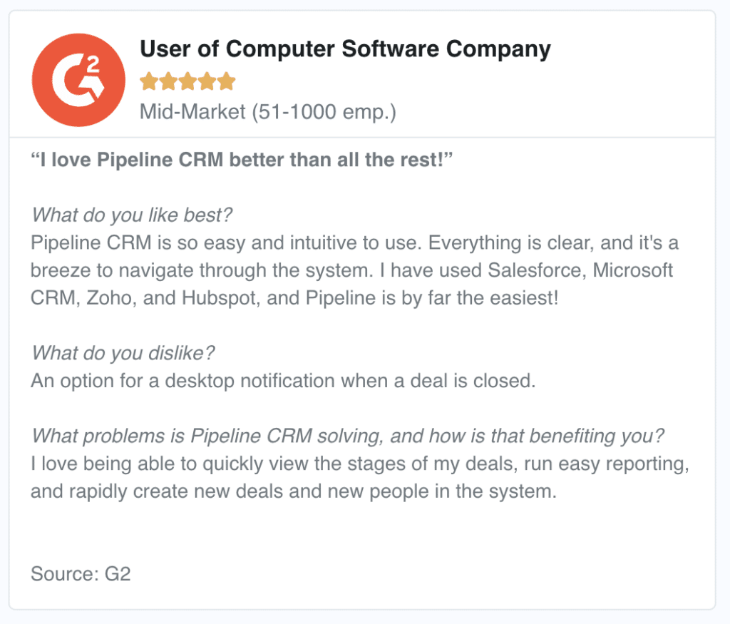 Pipeline CRM G2 Review