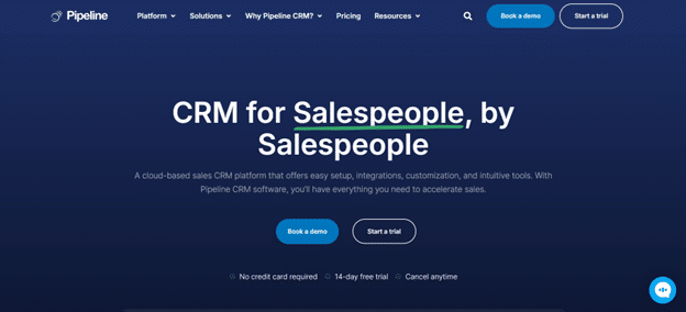 Screenshot of Pipeline CRM homepage with headline “CRM for Salespeople, by Salespeople” and call-to-action buttons for demo and trial.