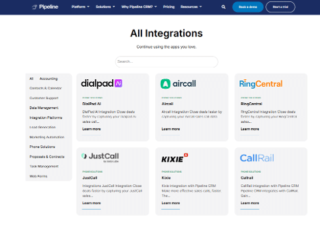 Screenshot of the Pipeline CRM integrations page, displaying available third-party software connections such as Aircall, QuickBooks, and CallRail.