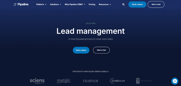 Screenshot of Pipeline CRM’s lead management page highlighting deal tracking and sales pipeline features.