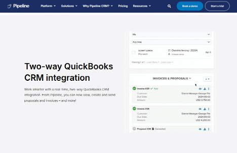 Screenshot of the two-way QuickBooks CRM integration in Pipeline CRM, showing invoicing and proposal management.