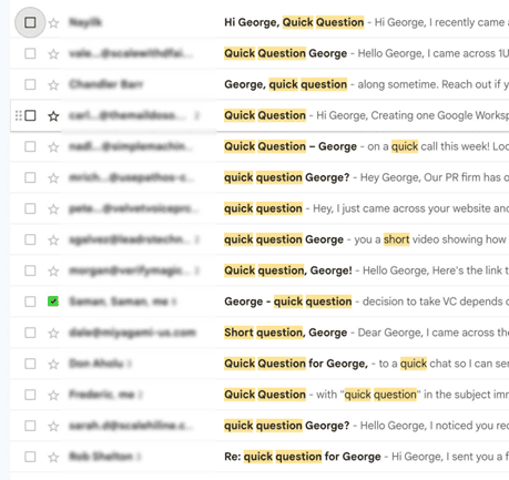 Screenshot of a Gmail inbox with multiple cold sales emails using the subject line "Quick Question," highlighting overuse of generic automation.