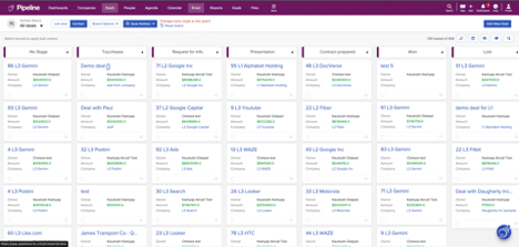 Screenshot of Pipeline CRM's sales pipeline dashboard, showing different deal stages and progress for effective sales management.