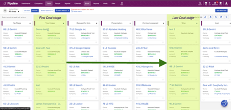 Screenshot of Pipeline CRM's sales pipeline view, highlighting the first and last deal stages to visualize deal progression.