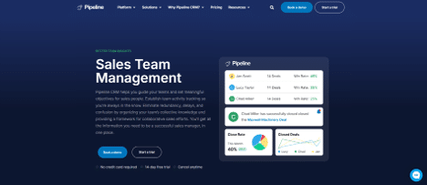 Screenshot of Pipeline CRM’s Sales Team Management page, featuring sales insights, deal tracking, and performance analytics.