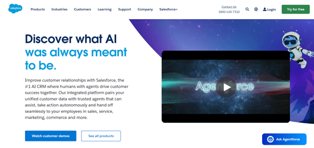 Homepage of Salesforce promoting its AI-powered CRM and unified customer data platform.
