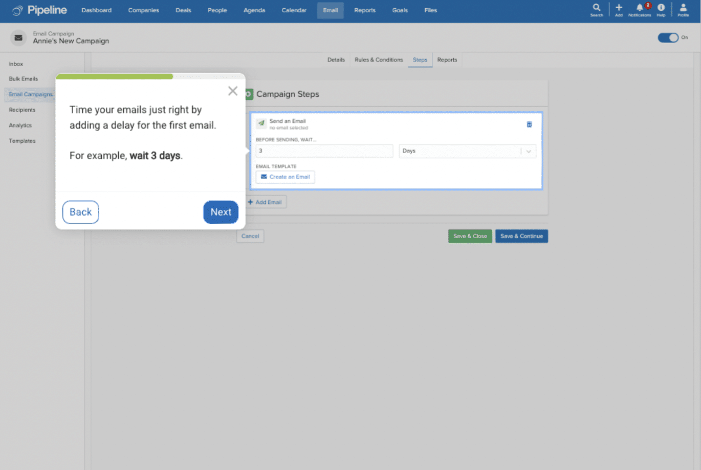 Email frequency feature on Pipeline drip campaign