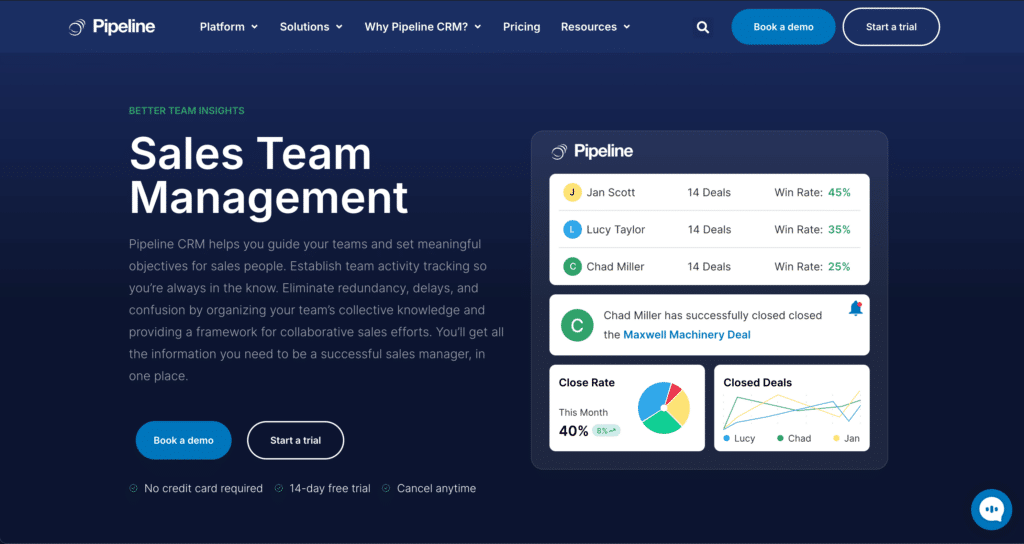 Sales team management features from Pipeline CRM