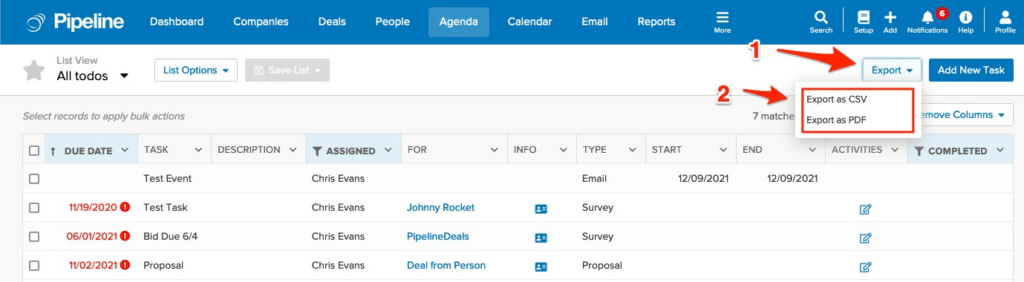 Set your filters to display the tasks and events you want to export