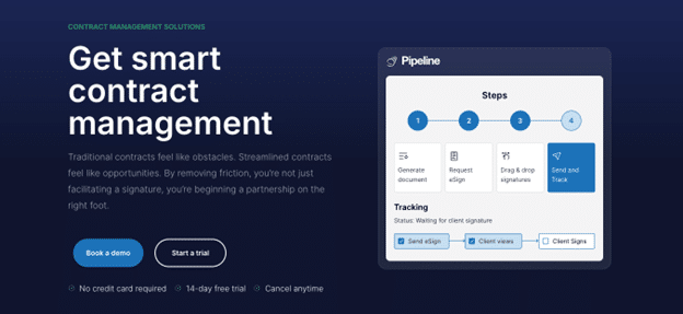 Screenshot showing Pipeline CRM’s smart contract management interface with steps from document creation to digital signature tracking.