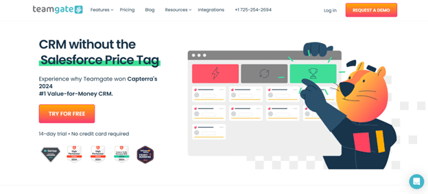 Teamgate CRM homepage showing value-for-money positioning with trial options and a colorful interface featuring a cartoon mascot.