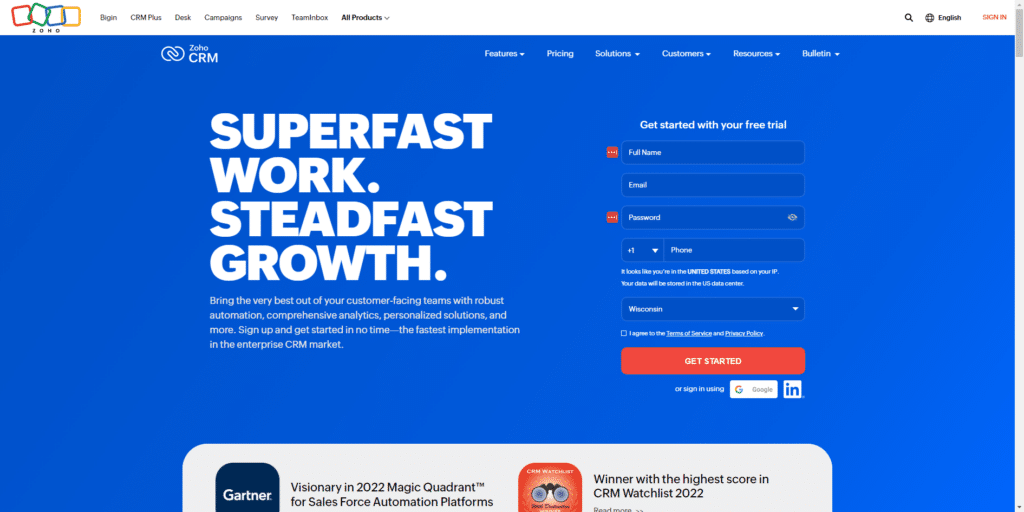 Zoho CRM- Best for Businesses that Need Workspace and an All-In-One Solution
