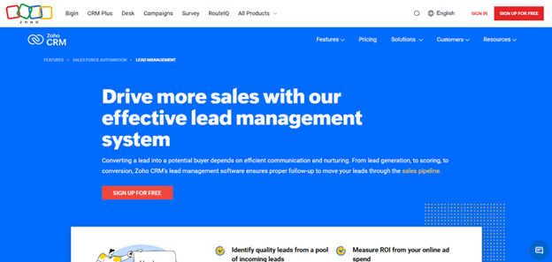 Zoho CRM lead management software interface featuring sales pipeline and ROI-focused lead tools.